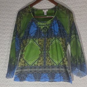 Chico's Blue & Green Baroque Pattern Long Sleeve Top